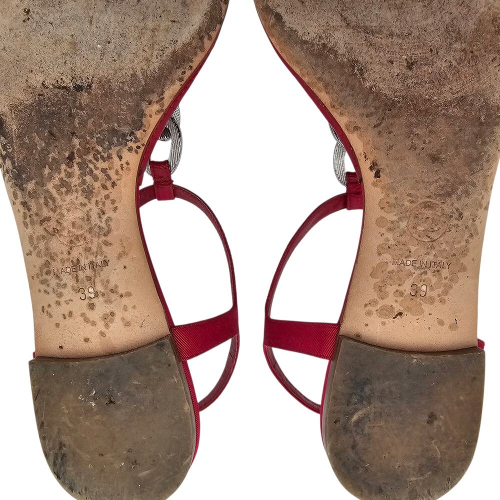 Chanel CC Chain Flat Thong Sandal Quilted Red Leather Silver Size 39 US 8 8.5 - Picture 11 of 12